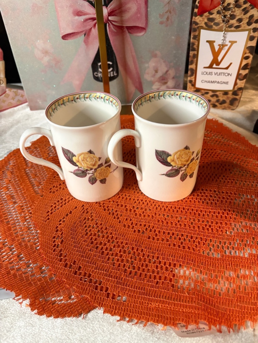 Floral Bone China Mug Set - Yellow Rose Design (Set of 2)